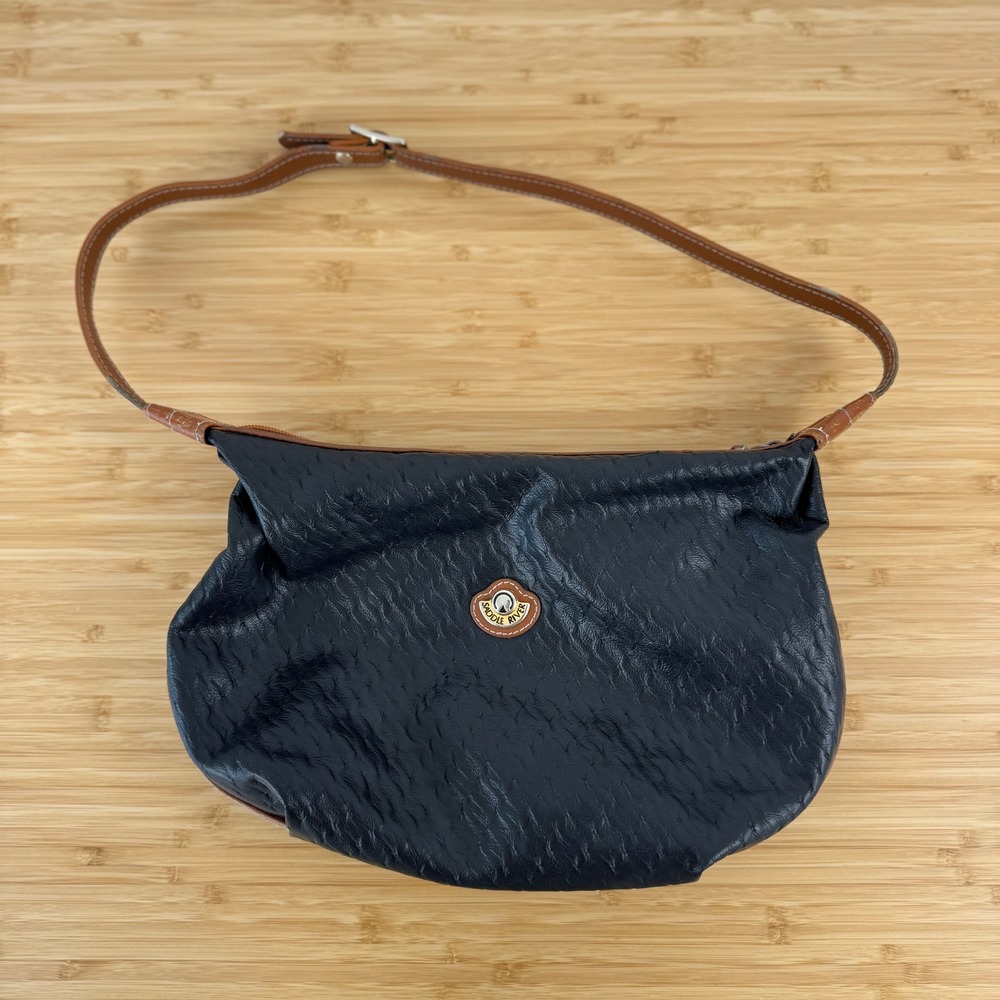 VTG! Saddle River Black Textured Leather‎ Shoulder Bag Hobo Purse Made in Macau